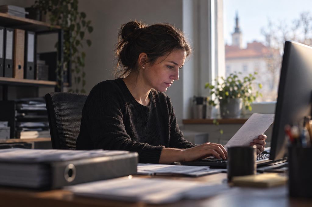Administrativní pracovnice přepisuje objednávku z papíru do počítače